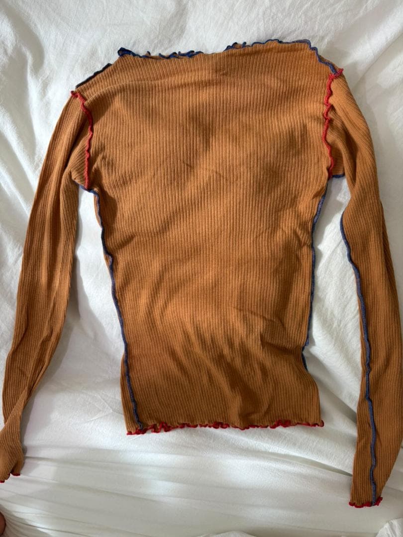 オレンジ色リブ編み長袖Tシャツ S