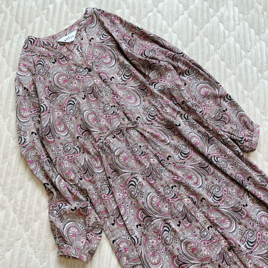 SOEJU ペイズリー柄ワンピースF 長袖 ロング ピンク 美品　日本製
