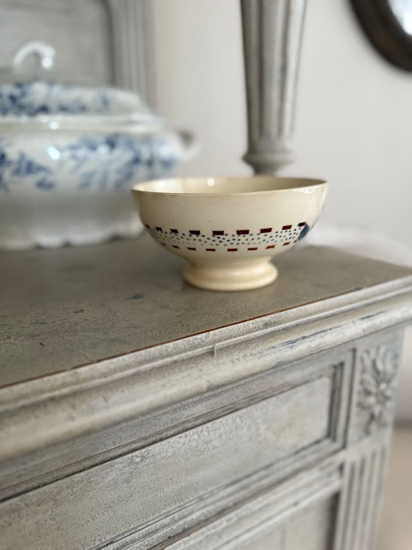 フランスアンティークディゴワン薔薇とリボンのステンシル柄カフェオレボウル