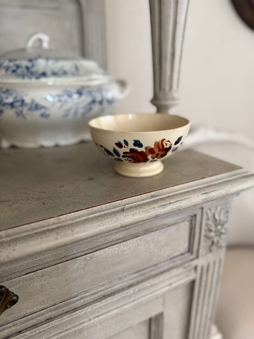 フランスアンティークディゴワン薔薇とリボンのステンシル柄カフェオレボウル