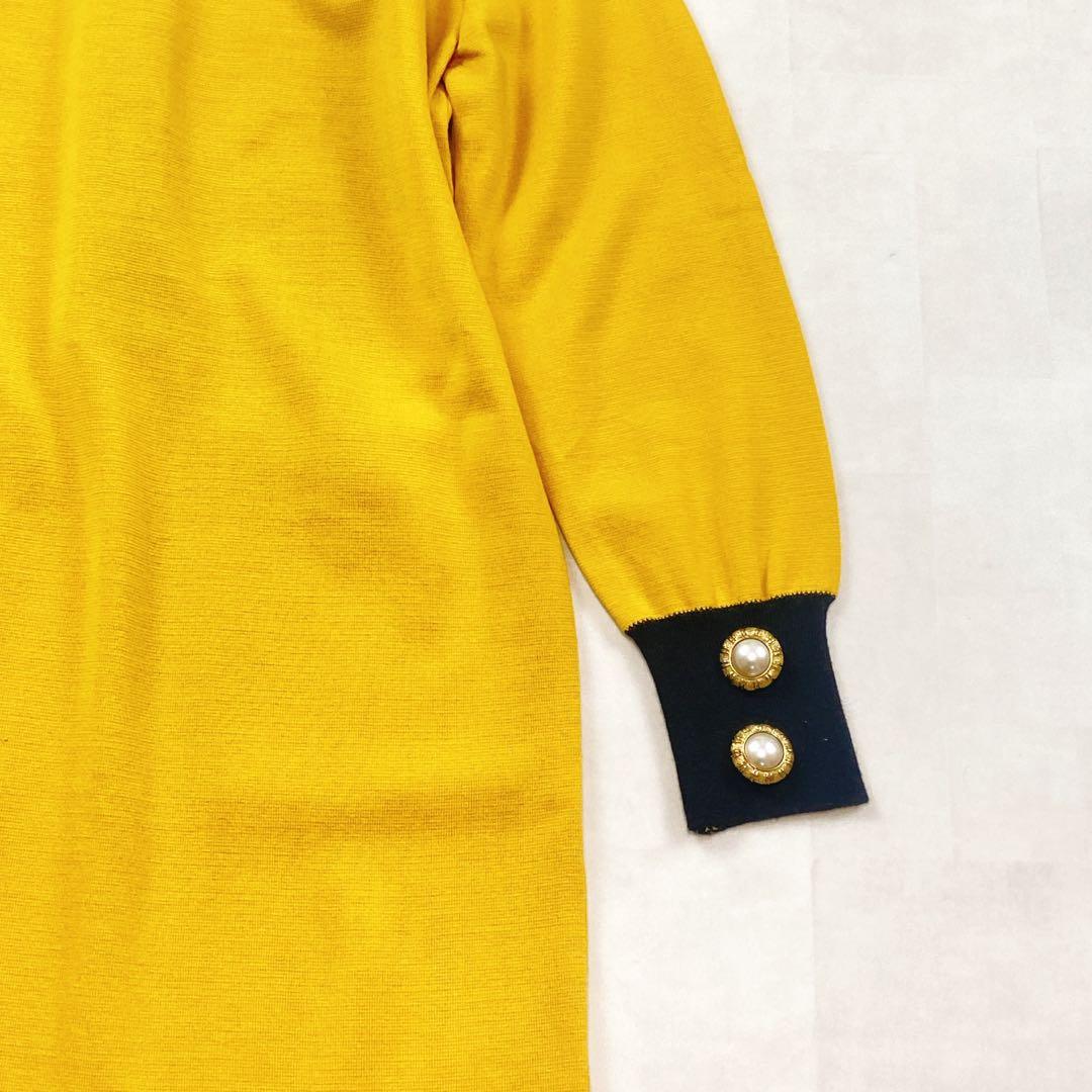 美品 サンローラン 金ボタン パールボタン ニットワンピース イエロー