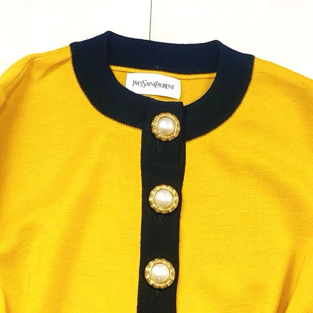 美品 サンローラン 金ボタン パールボタン ニットワンピース イエロー