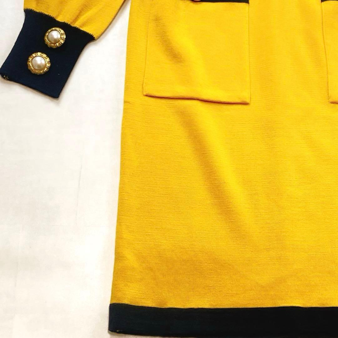 美品 サンローラン 金ボタン パールボタン ニットワンピース イエロー