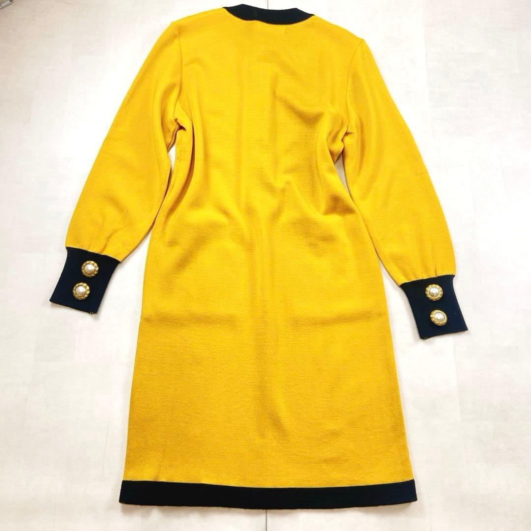 美品 サンローラン 金ボタン パールボタン ニットワンピース イエロー