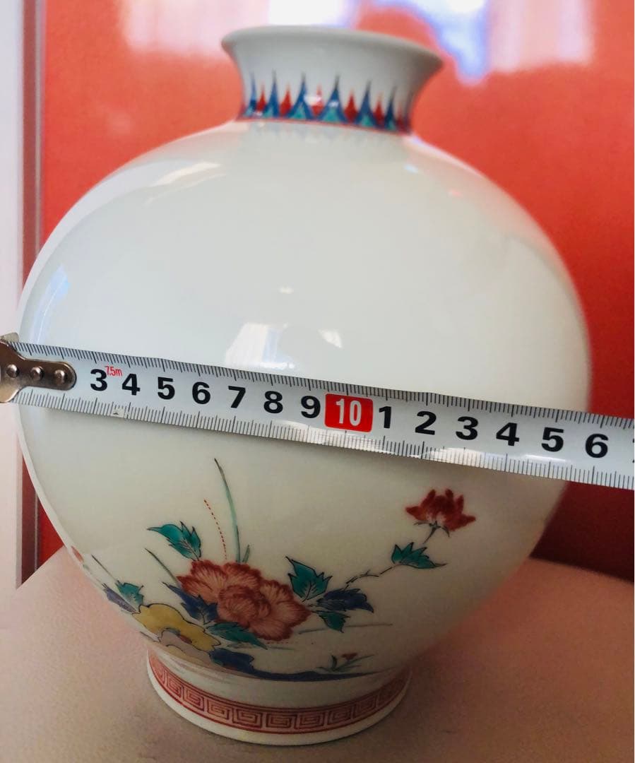 人間国宝十三代柿右衛門 錦鳥牡丹文花瓶 高さ約27 Cm最大直径約23 Cm美品