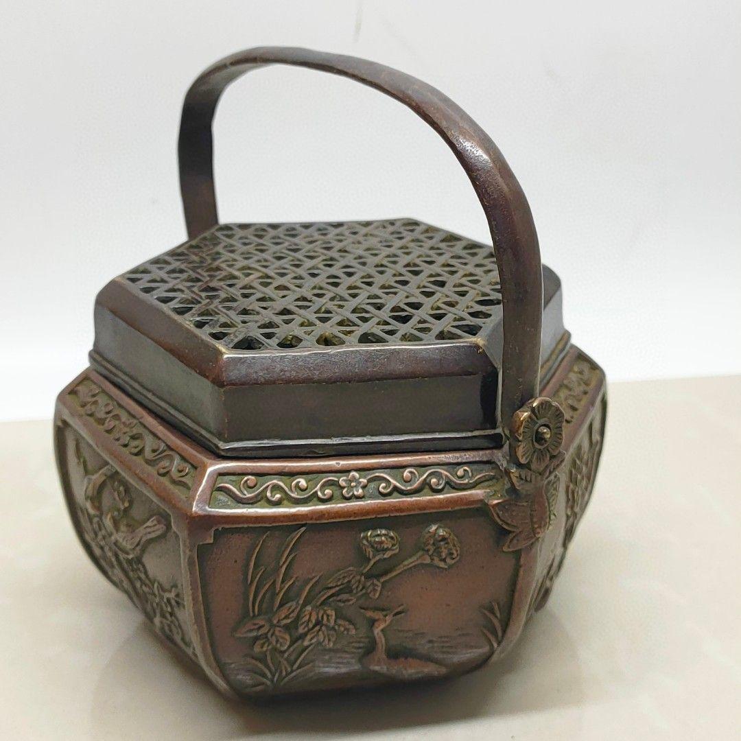 銅製 提梁暖手炉 喜上枝頭手提げ暖手炉 香炉 香道具 装飾品 工芸品 置物