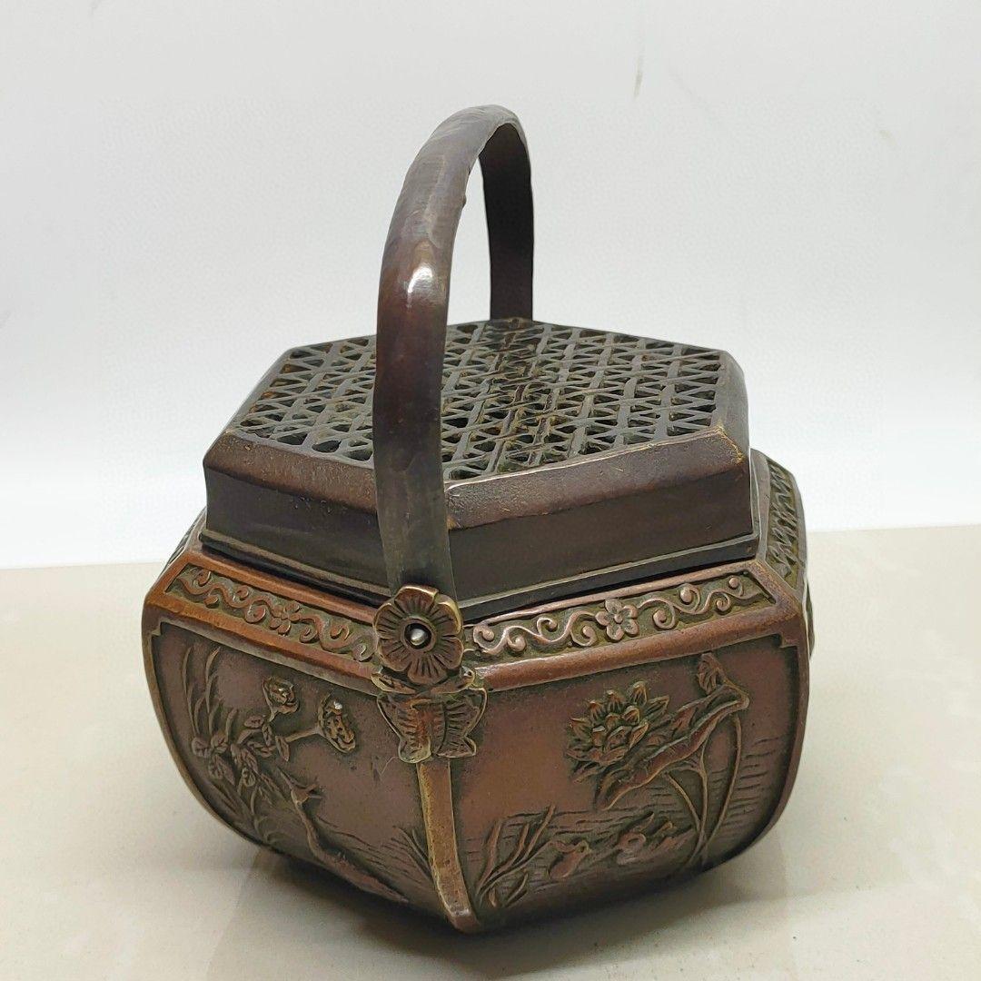 銅製 提梁暖手炉 喜上枝頭手提げ暖手炉 香炉 香道具 装飾品 工芸品 置物