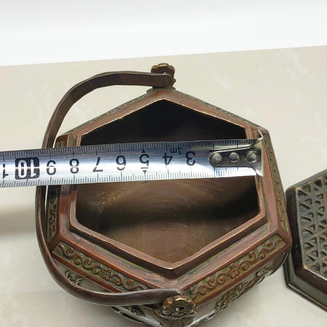 銅製 提梁暖手炉 喜上枝頭手提げ暖手炉 香炉 香道具 装飾品 工芸品 置物