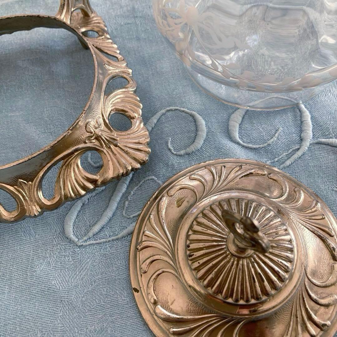 ♪フランスアンティーク リボンのガラスポットシュガーポットボンボニエール小物入れ