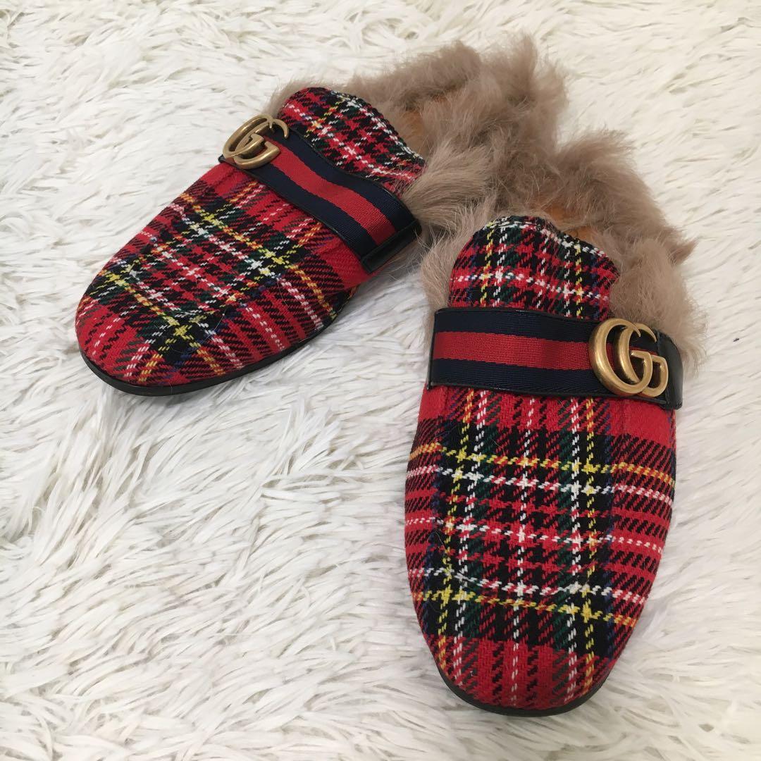 【美品】 グッチ サンダル 27cm相当 チェック柄 ファー付き マーモント