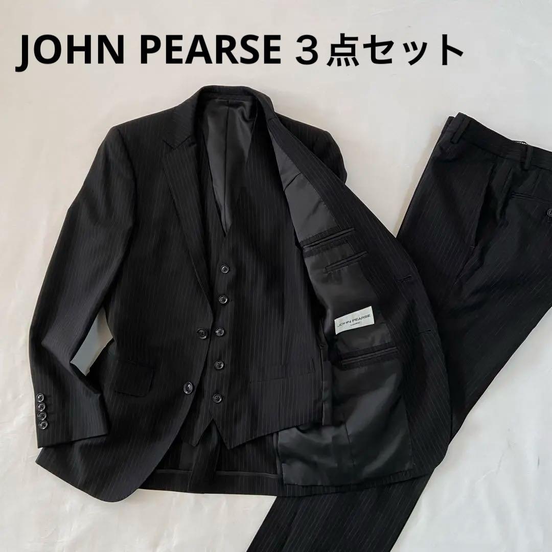 ジョンピアース 3ピース スーツセットアップ ストライプ ベスト 黒 Y4