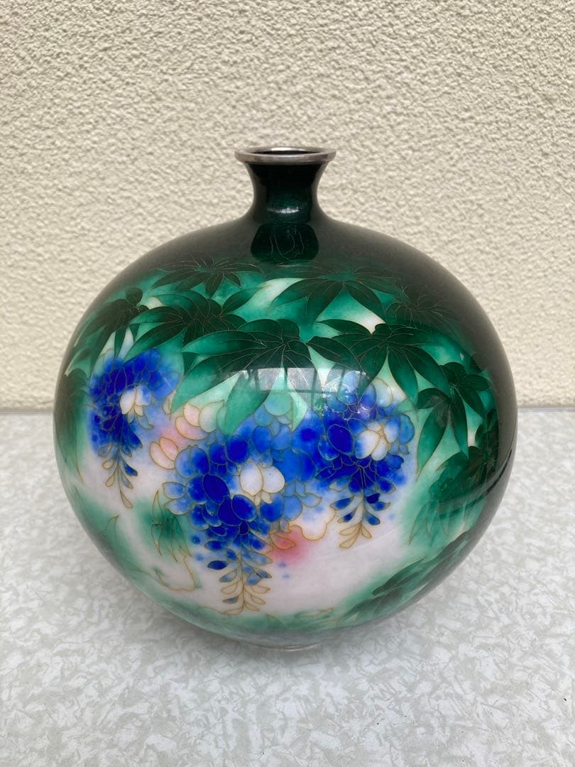 安藤七宝 銀縁 純銀刻印有 藤文花入　木箱付