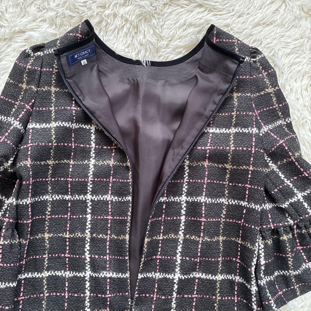 美品★M'S GRACY ツイードライクプリントワンピース リボン 大きいサイズ