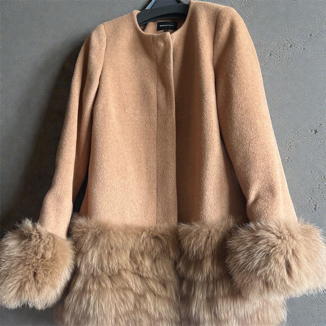 美品クイーンズコート　フォックスファー付き 　ノーカラーコート