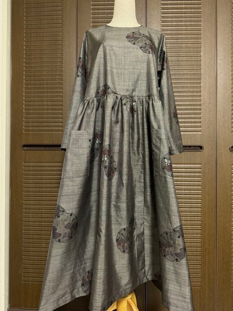 本場大島紬 泥染め ロングワンピース 9マルキ 証紙