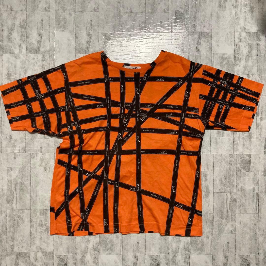 【HERMES】美品✨　エルメス　リボン柄　Tシャツ　オレンジ