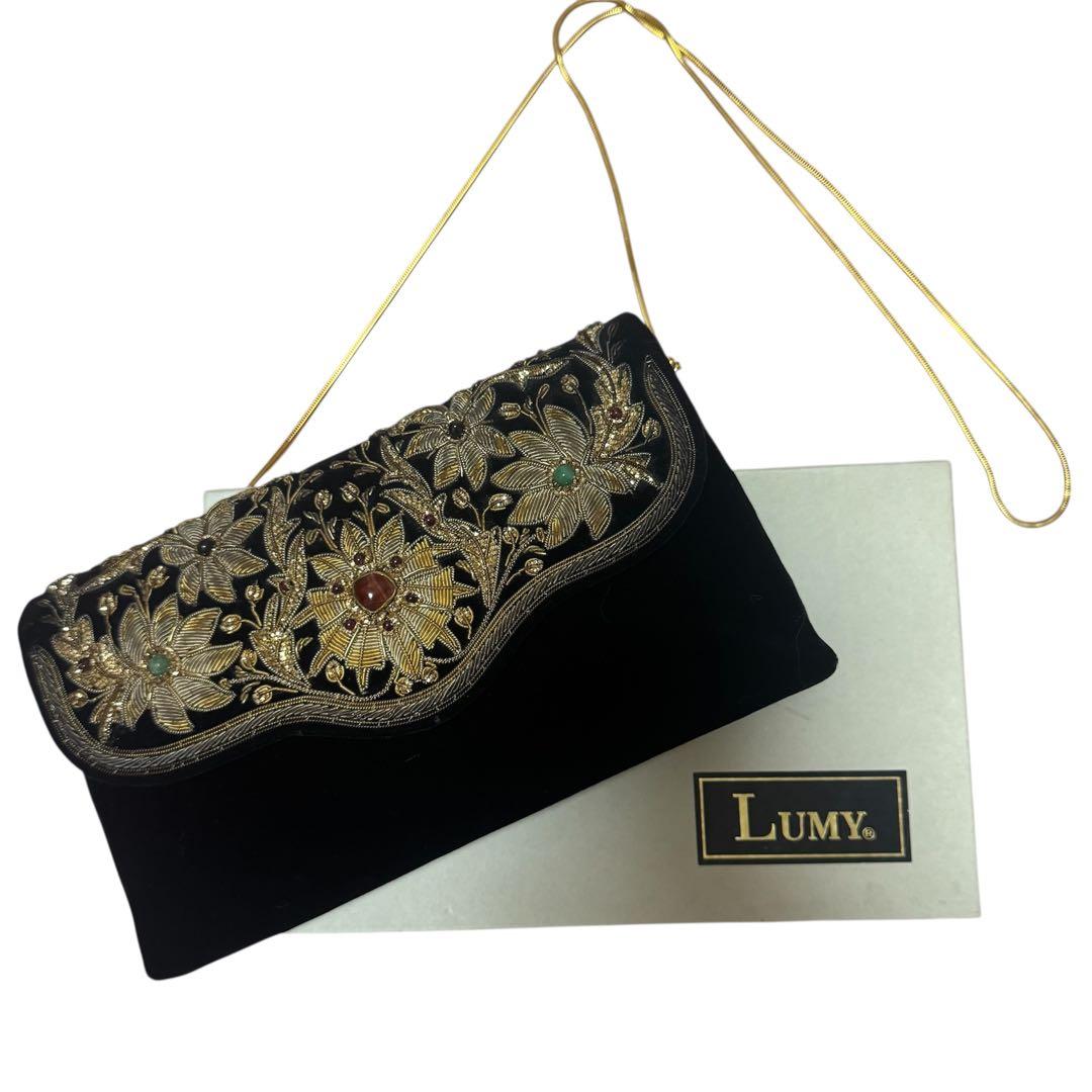 【美品】皇室御用達 Lumyはしもと ビーズバッグ パーティー 刺繍 天然石