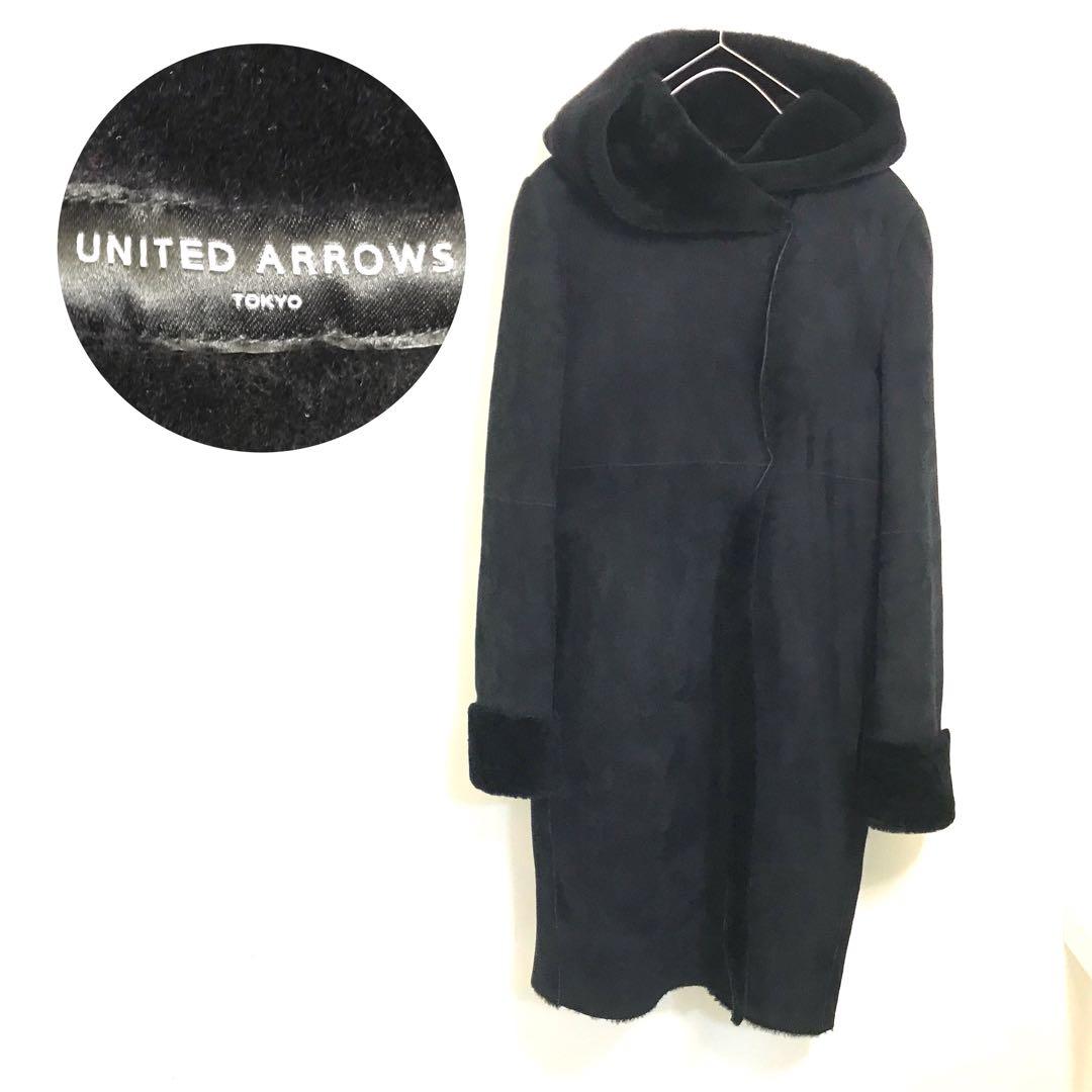 20万超　本革　ユナイテッドアローズ　ムートンコート　フード　黒　羊革
