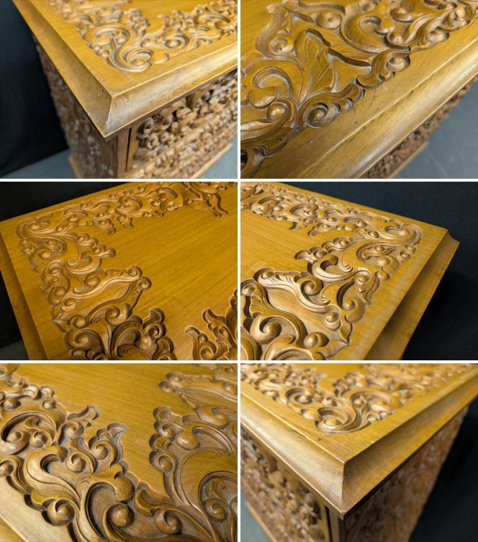 チーク　無垢　猫脚　彫刻　重厚　リビングチェスト　箪笥　タンス　たんす　チェスト