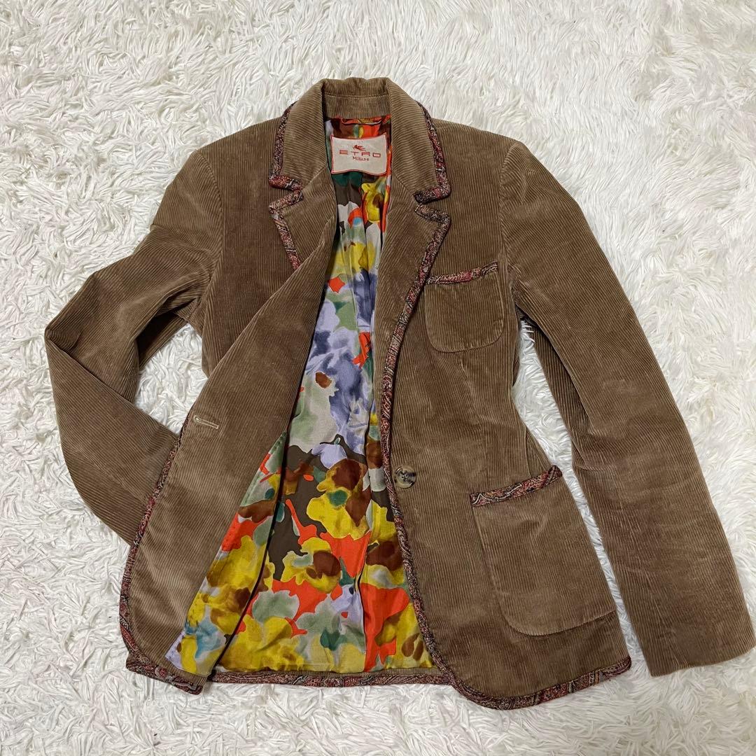 【美品】エトロ テーラードジャケット コーデュロイ 裏地総柄 シルク 42
