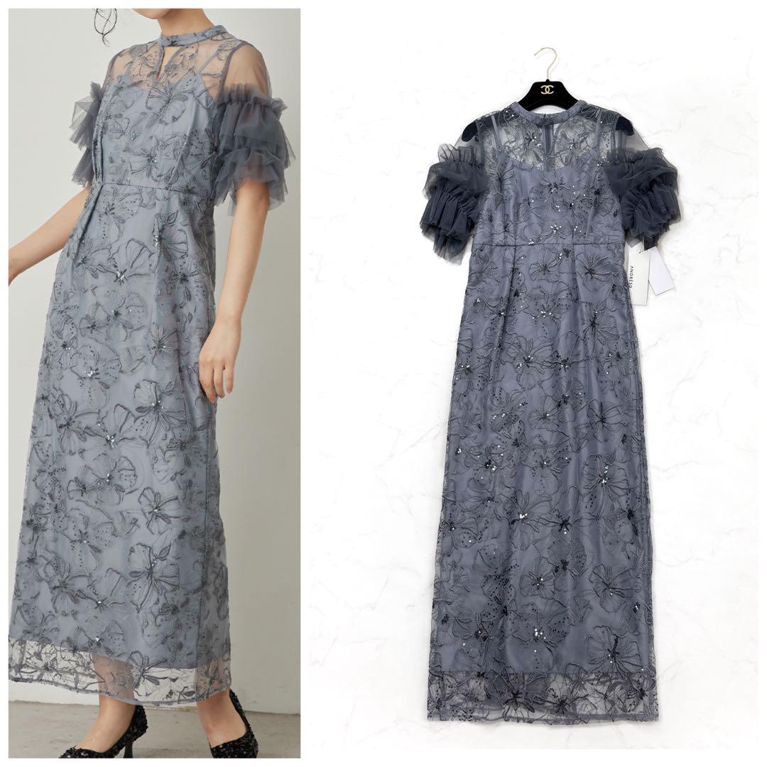未使用 ANDRESD 袖シフォン スパンコール・刺繍 レースロングドレス M