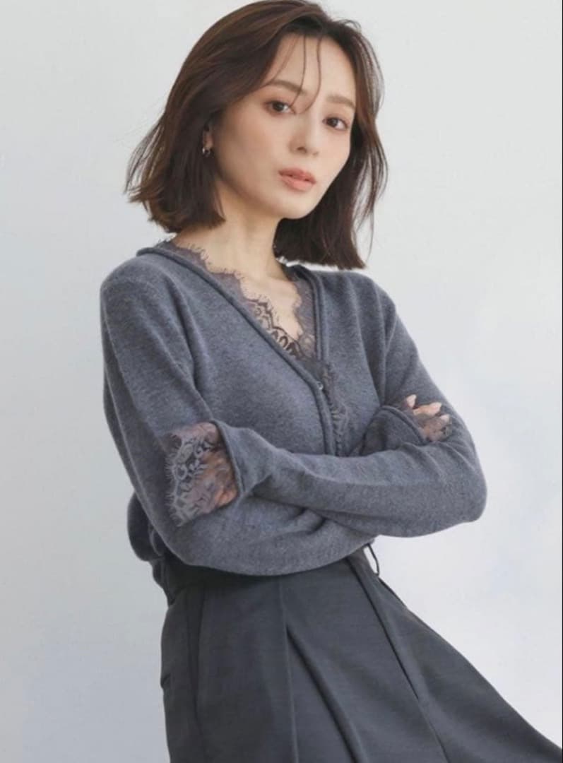 anuans アイラッシュレーストリミングニットカーディガン グレー