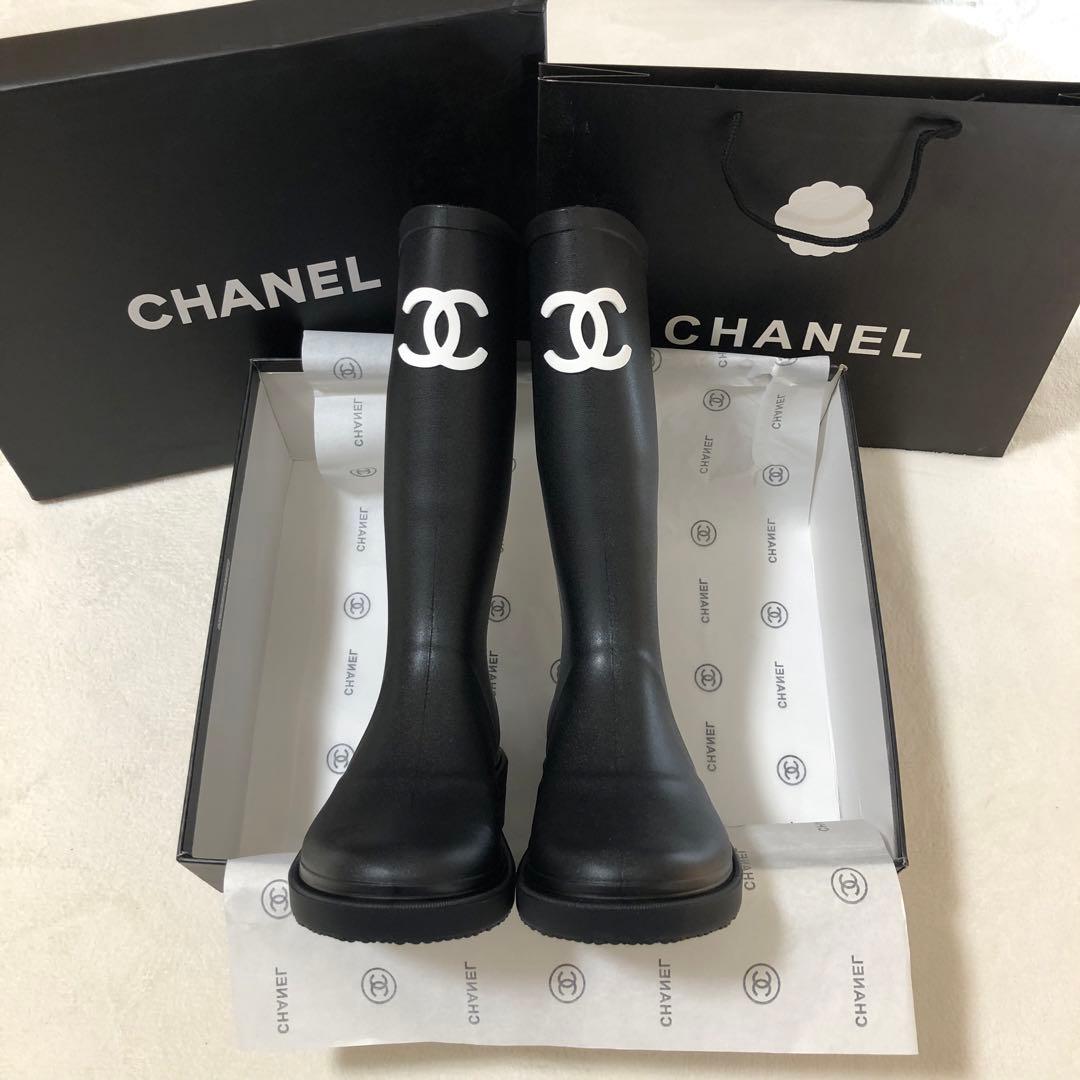 シャネル CHANEL ロングブーツ レインブーツ 長靴 36 ジェニ ラバー