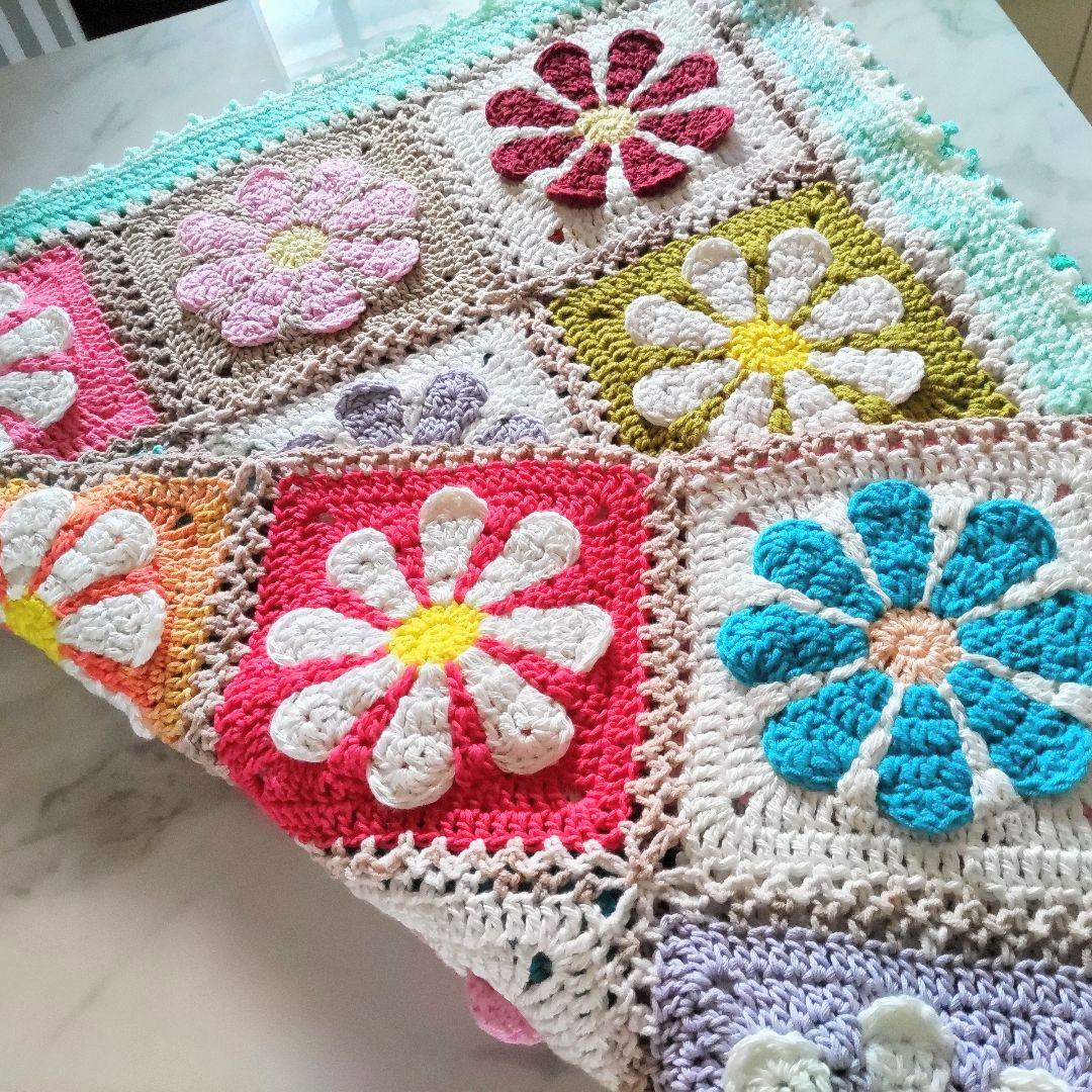 手編みブランケット★レトロデイジーフラワー★かぎ針編み★カラフル★お花モチーフ