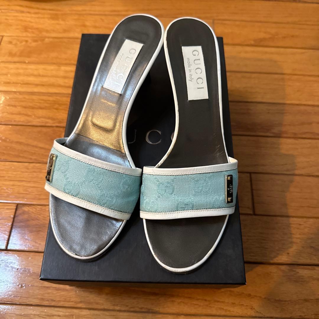 GUCCI 水色 ミュール 約5cmヒール 37