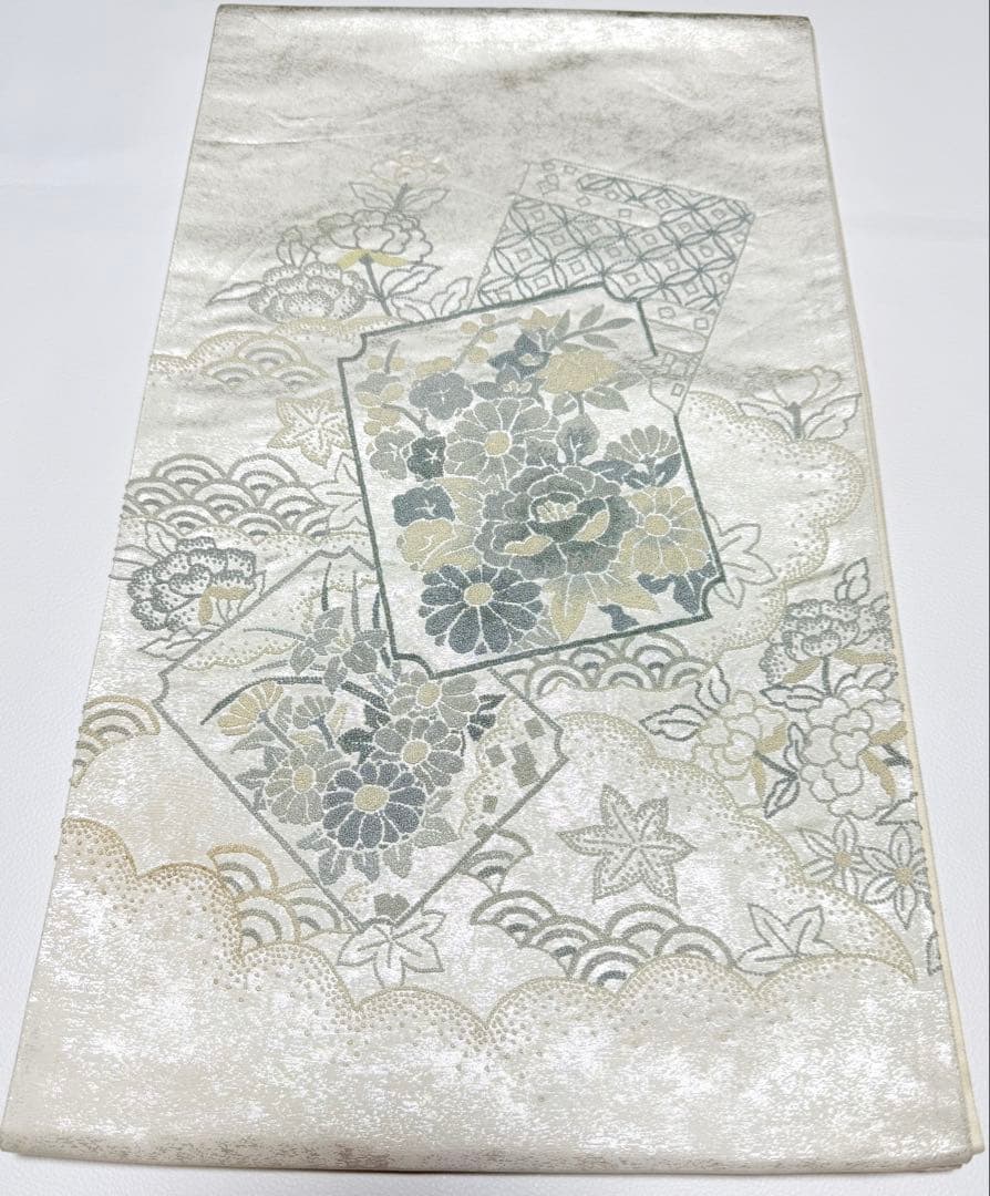 高級 袋帯 正絹 お太鼓柄 相良刺繍 中国刺繍 ホワイト シルバー 訪問着