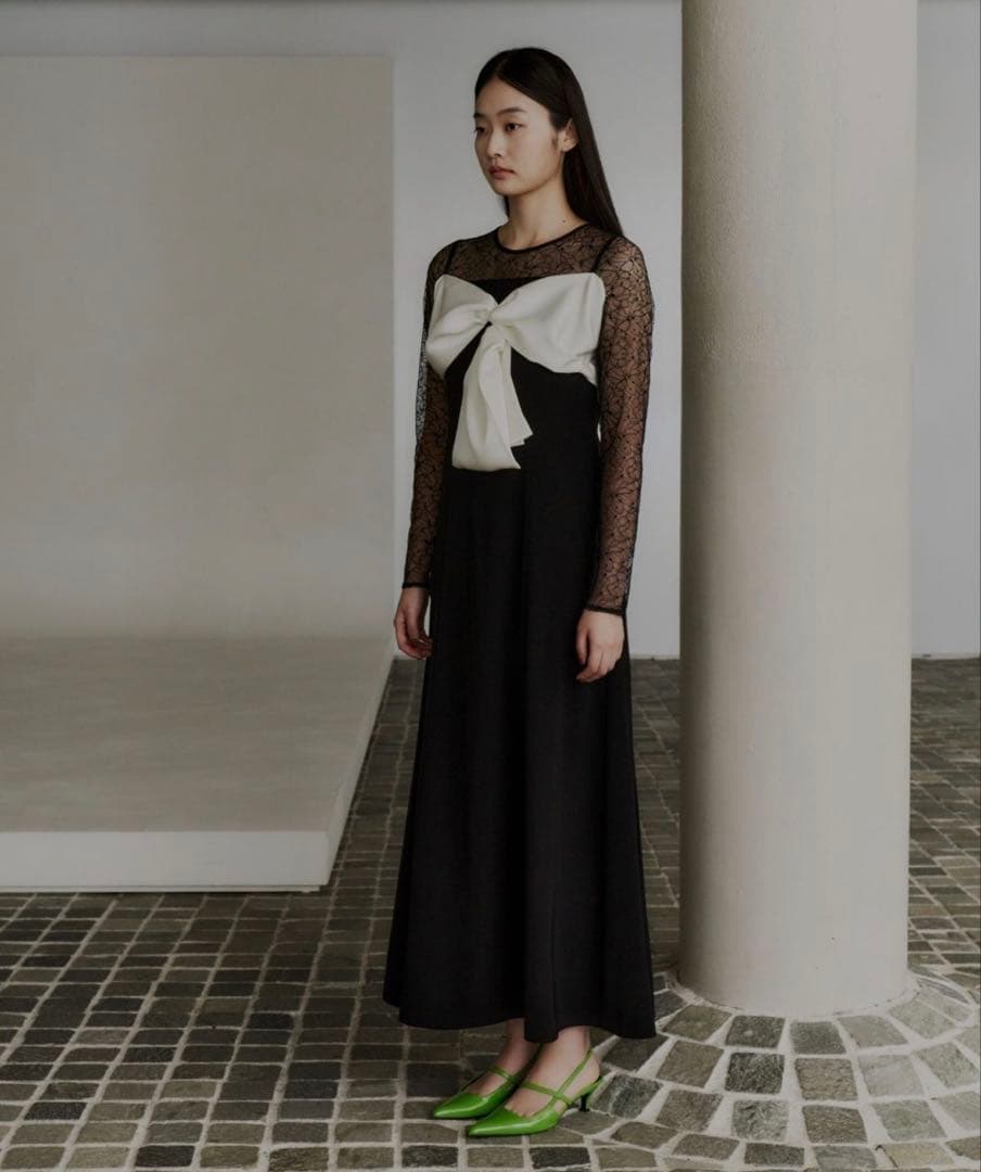 ブラック マキシドレス レーススリーブ リボン