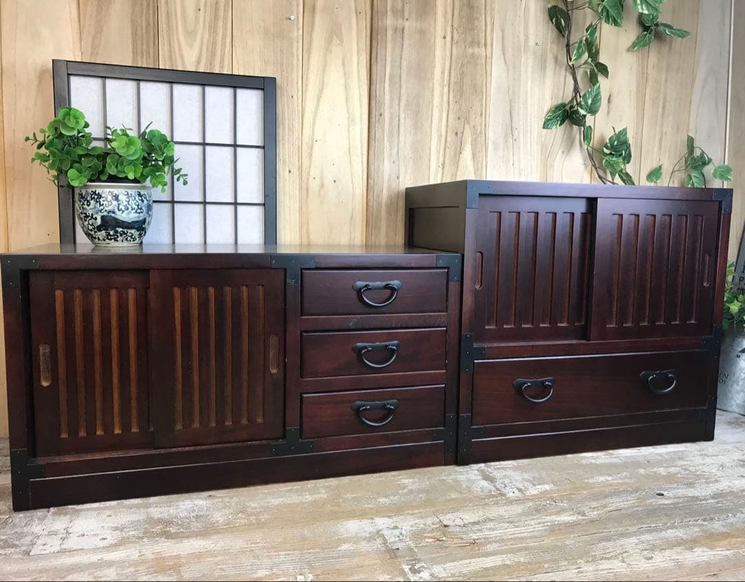 民芸家具引き戸付きタンスチェスト2点セット木製桐材天然無垢飾り棚収納家具和箪笥