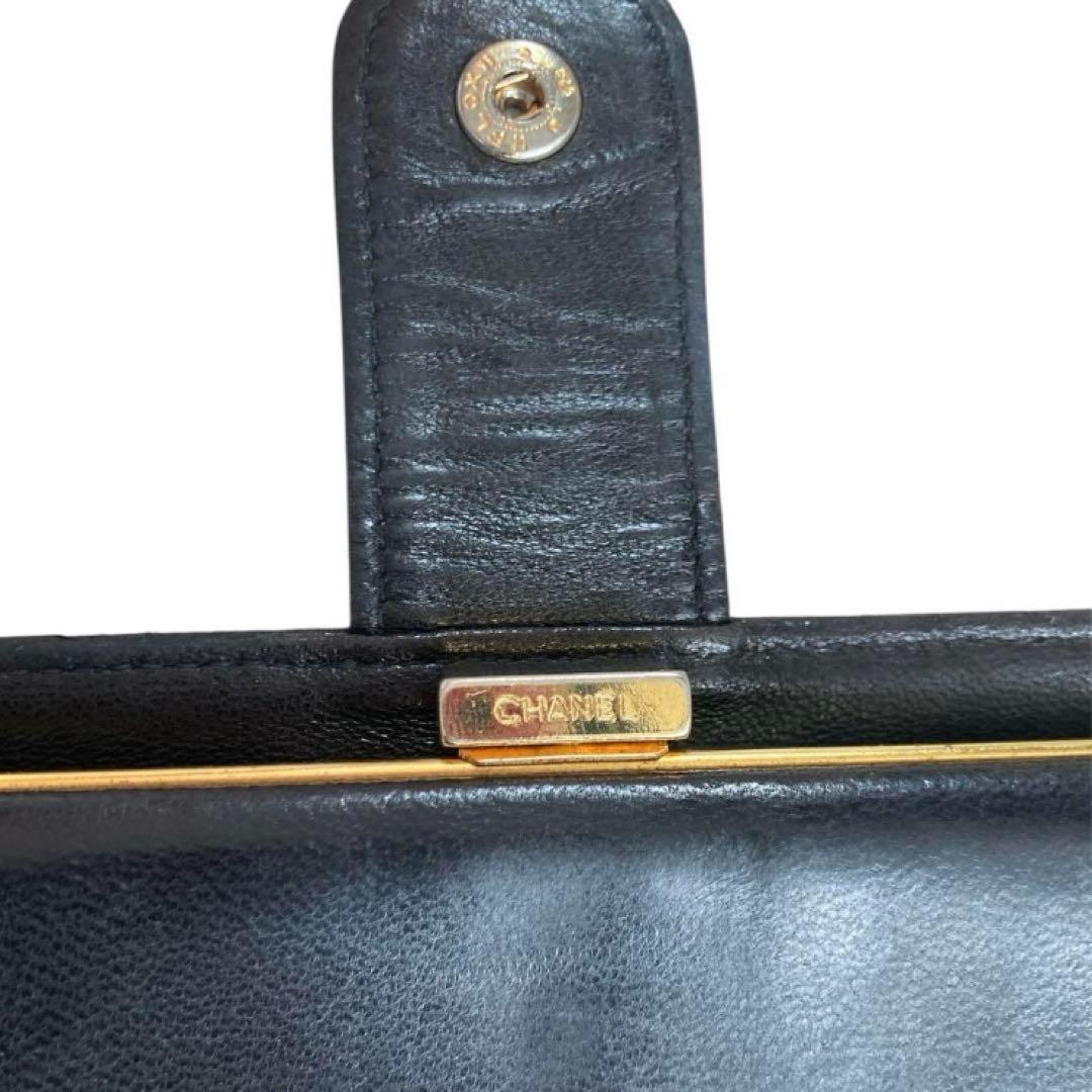 CHANEL オールドシャネル　ラムレザー　ガマ口　長財布　ココマーク　ブラック