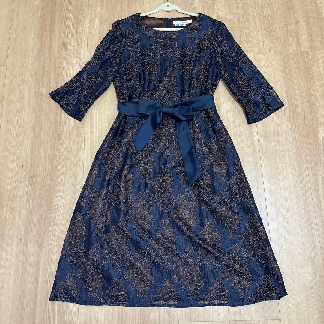 東京ソワール UN-FURL フォーマル ドレス ネイビー レース 花柄 刺繍