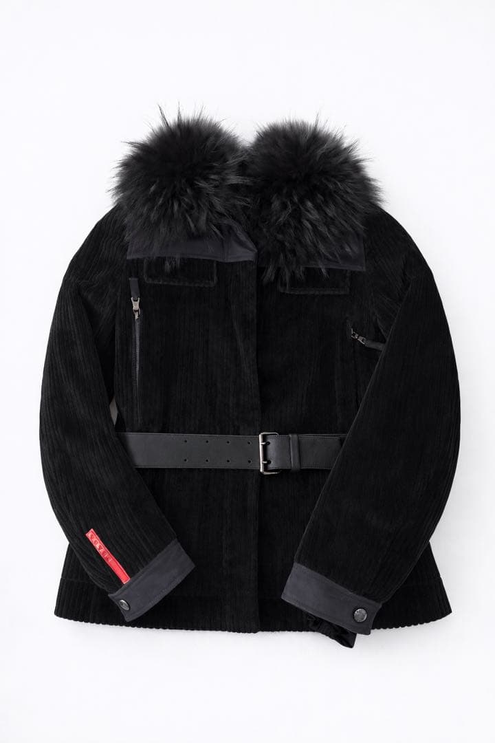 【細身S相当】PRADA ファー付コーデュロイジャケット ベルト付 ブラック