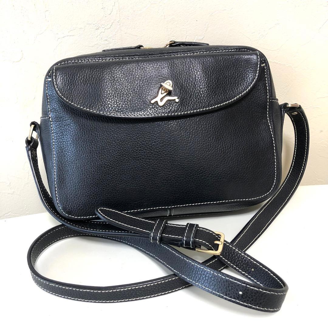 アニエスベー ショルダーバッグ ステッチ レザー ブラック