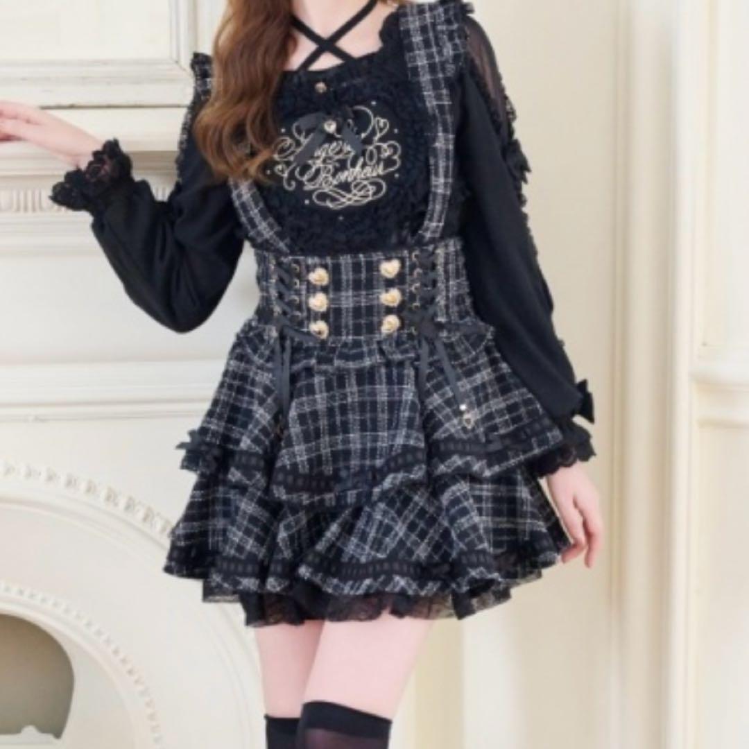 リズリサ はしご リボン ツイード ティアード スカパン スカート ブラック