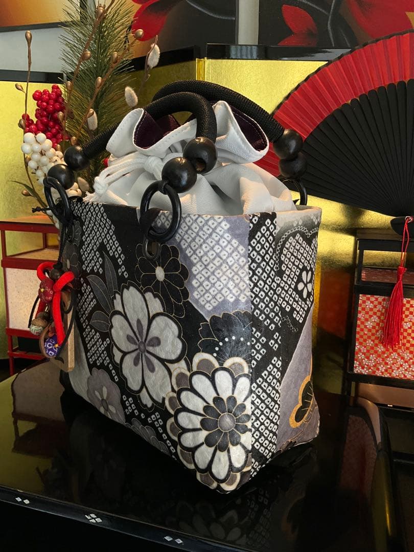 一閑張り　一閑張りバッグ　古文書　和紙　花絵柄　大正　着物　桜　京友禅　ダリア菊