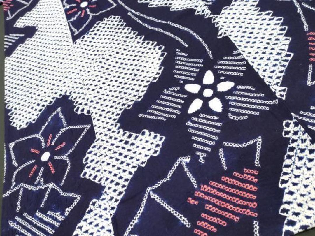 有松絞り　浴衣　紺　扇子　花　有松鳴海絞り　三浦絞り　美品