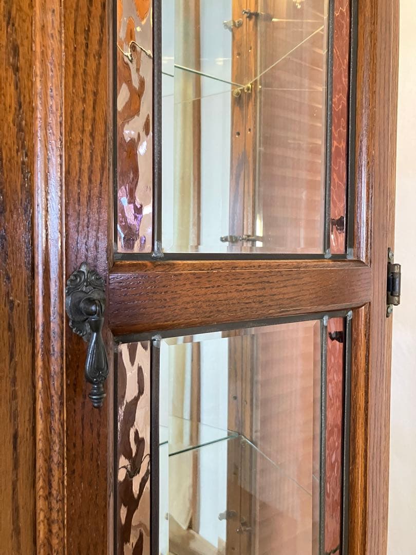 鈴木紀善 キュリオケース　キャビネット　ステンドグラス　オーク材