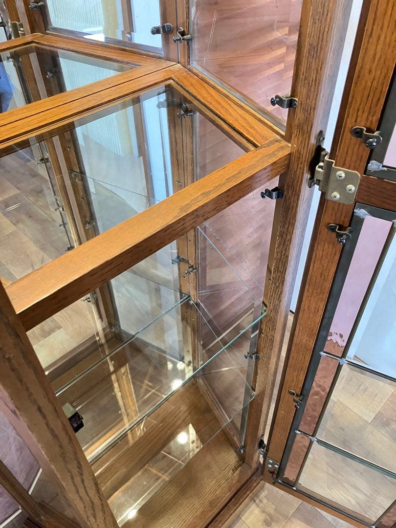 鈴木紀善 キュリオケース　キャビネット　ステンドグラス　オーク材