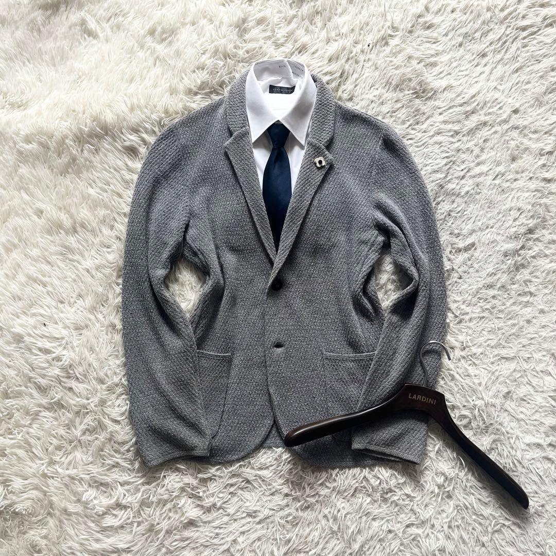 <美品>LARDINI グレー コットン ニットジャケット ブートニエールM相当