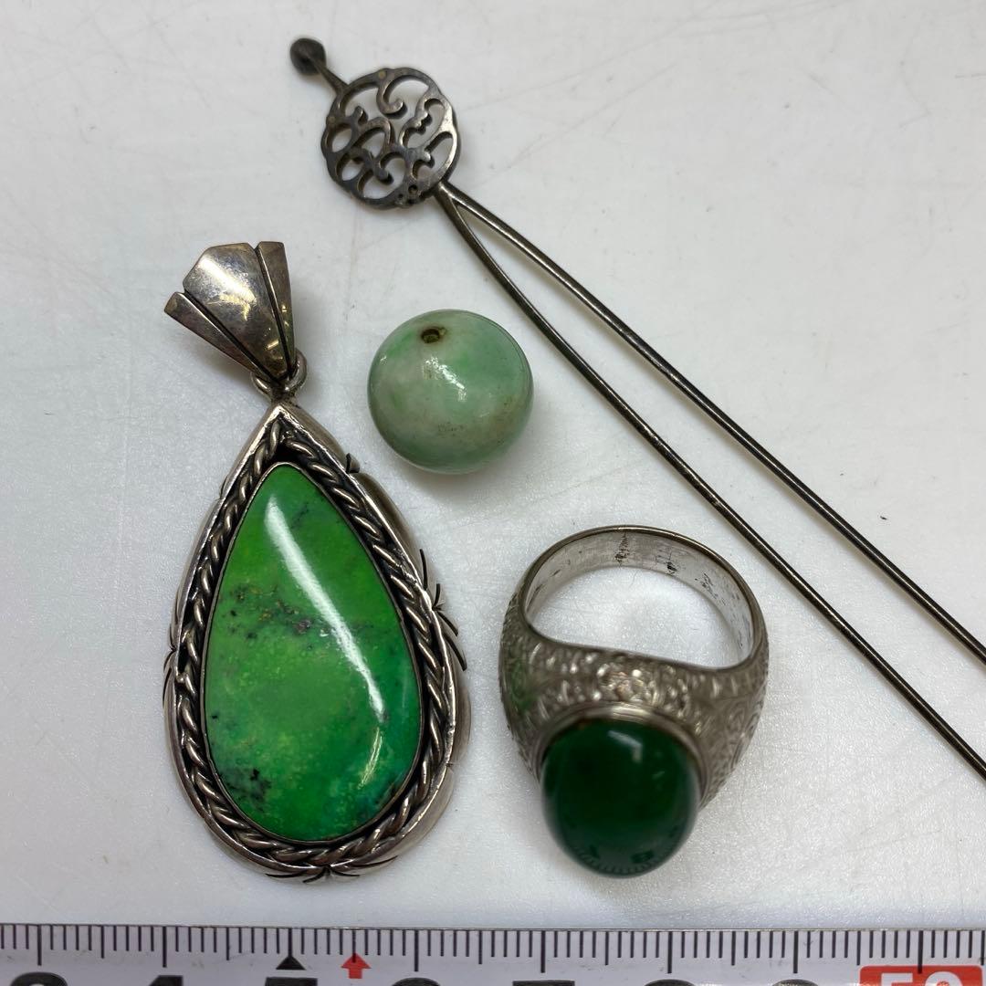専用sterling 本翡翠 ネックレストップ 指輪玉銀細工かんざし37gタコサ