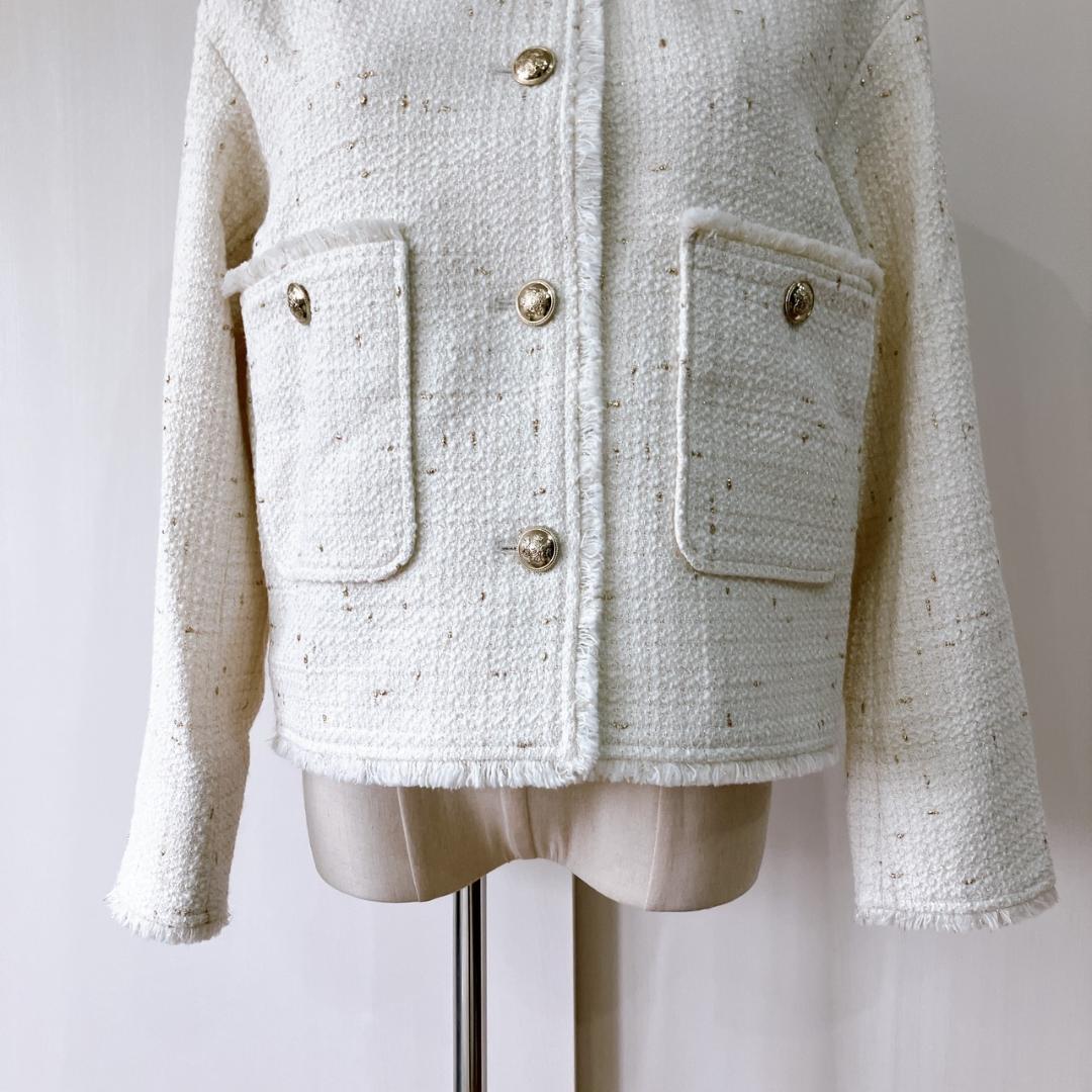 【極美品】　23区　イタリア製布地フリンジラメツイードノーカラージャケット