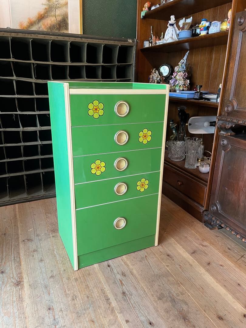 小雪＊チェスト レトロポップ 昭和レトロ 花柄 緑 グリーンインテリア