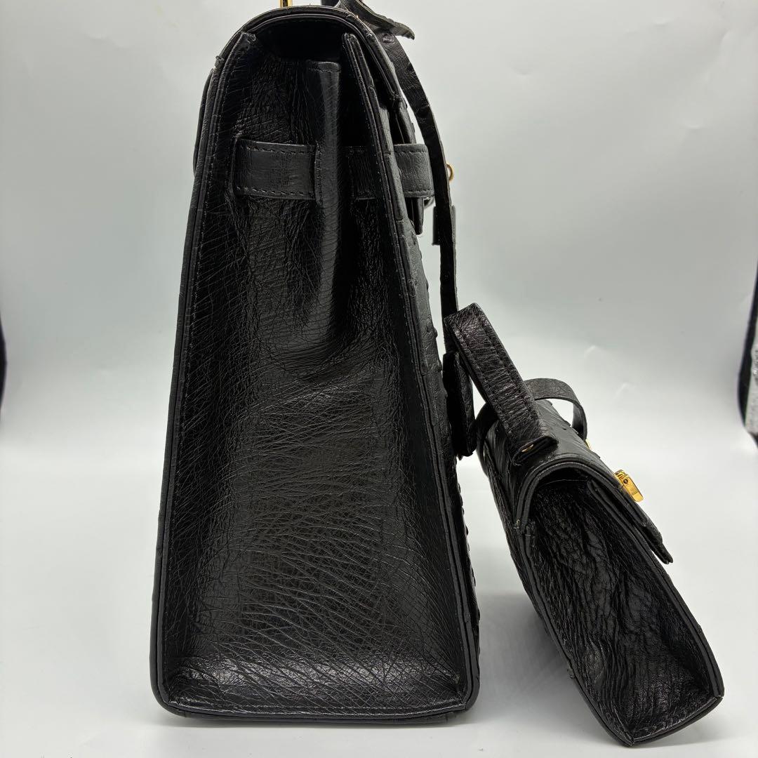 美品】オーストリッチ　ハンドバッグ　フォーマルバッグ　ブラック　ゴールド金具
