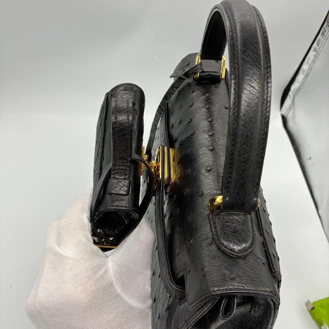 美品】オーストリッチ　ハンドバッグ　フォーマルバッグ　ブラック　ゴールド金具