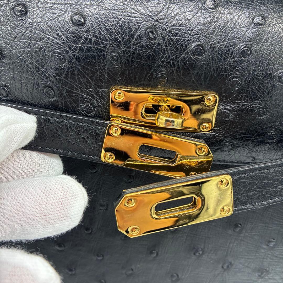 美品】オーストリッチ　ハンドバッグ　フォーマルバッグ　ブラック　ゴールド金具