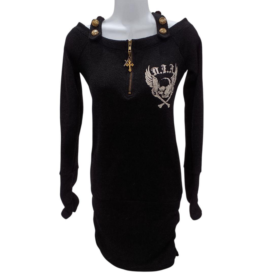 d.i.a. ダイヤ クロス チャーム 金ボタン スカル プリント ロングニット