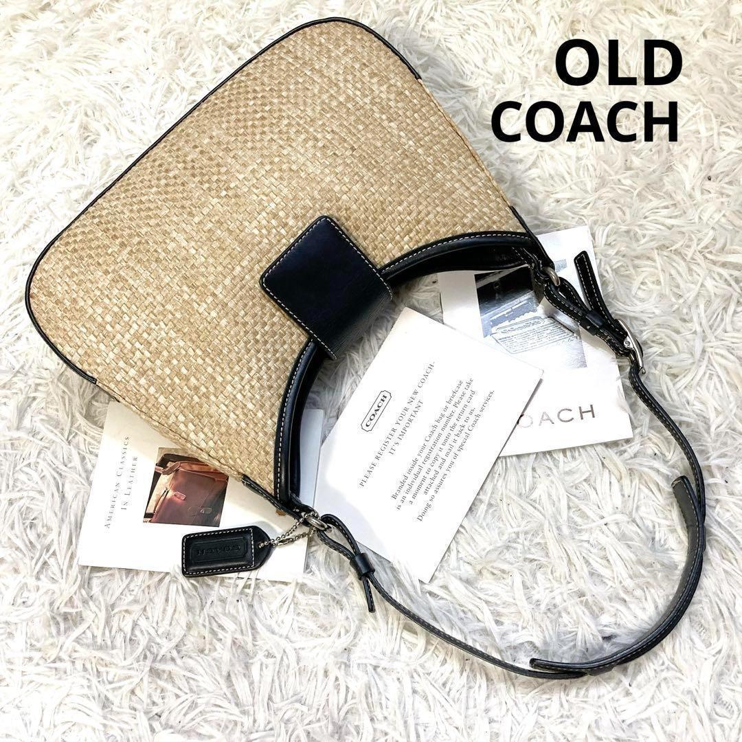 未使用級 黒 vintage coach old straw bag かごバッグ